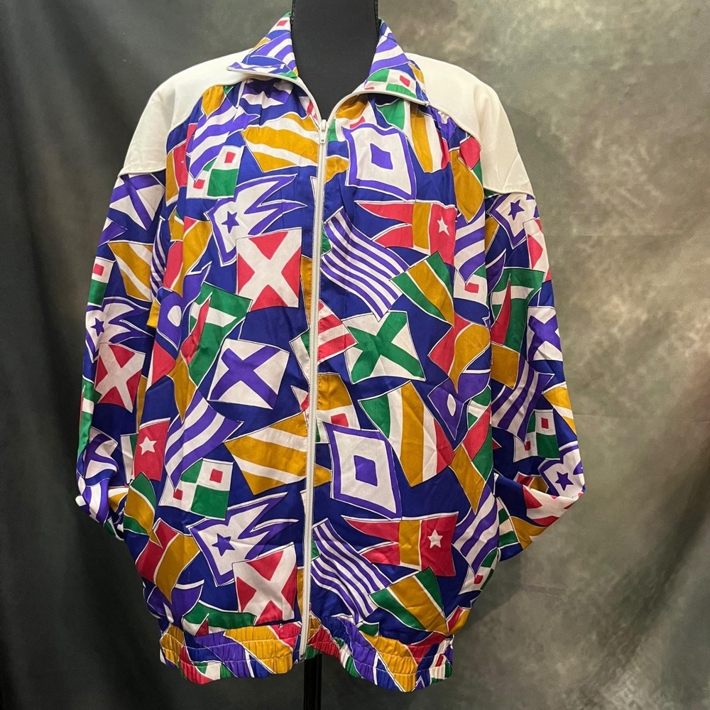 Oleg Cassini Vintage Womens Large 100% Silk Windbreaker Jacket Flag Print Zip Up